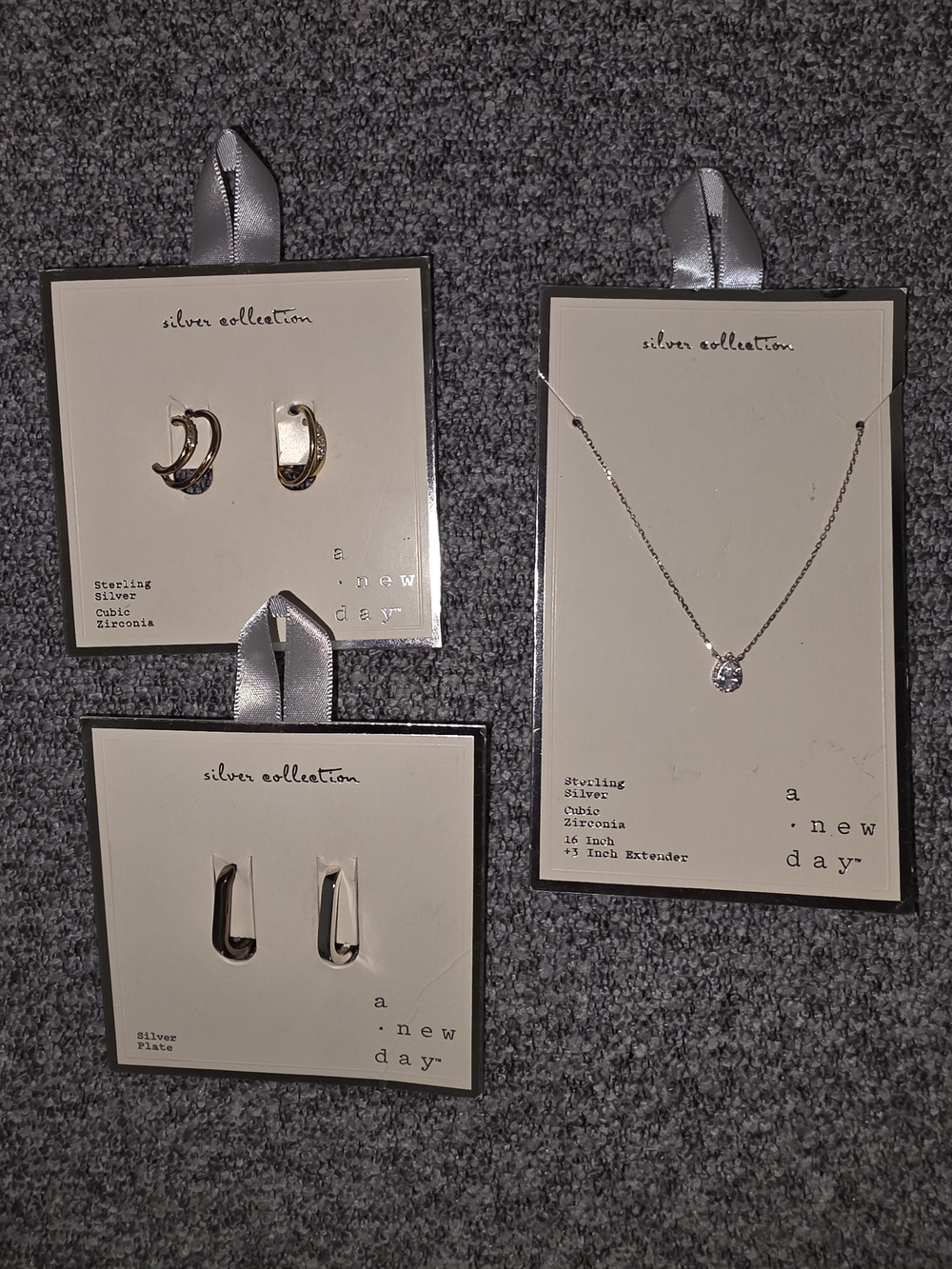 NWT A New Day Silver Jewelry Set 3pc Lot Sterling Silver CZ Earrings Necklace